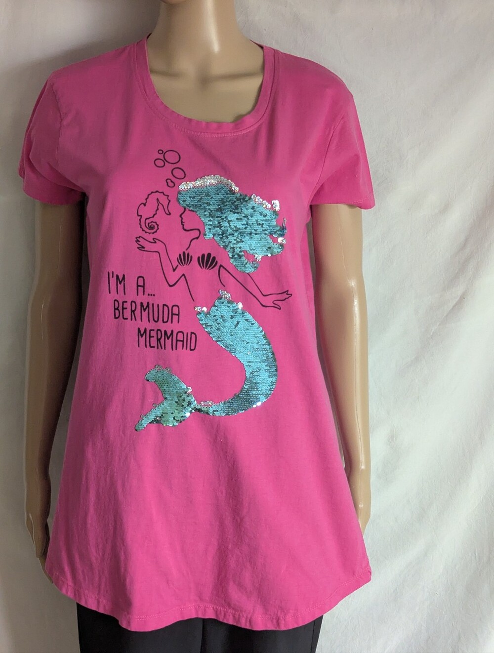 Davison's Of Bermuda Mermaid Silver Sequined Tee - Pink Sz XL Scoop Neck Tunic